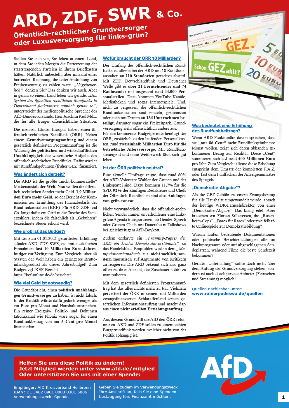 Flugblatt zum Rundfunkbeitrag der öffentlich-rechtlichen Rundfunkanstalten